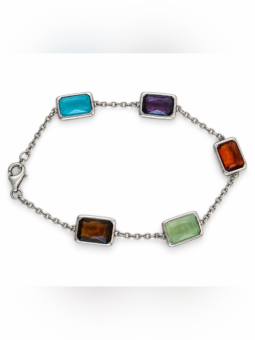 Multi-Color Gemstone Silver Link Bracelet
